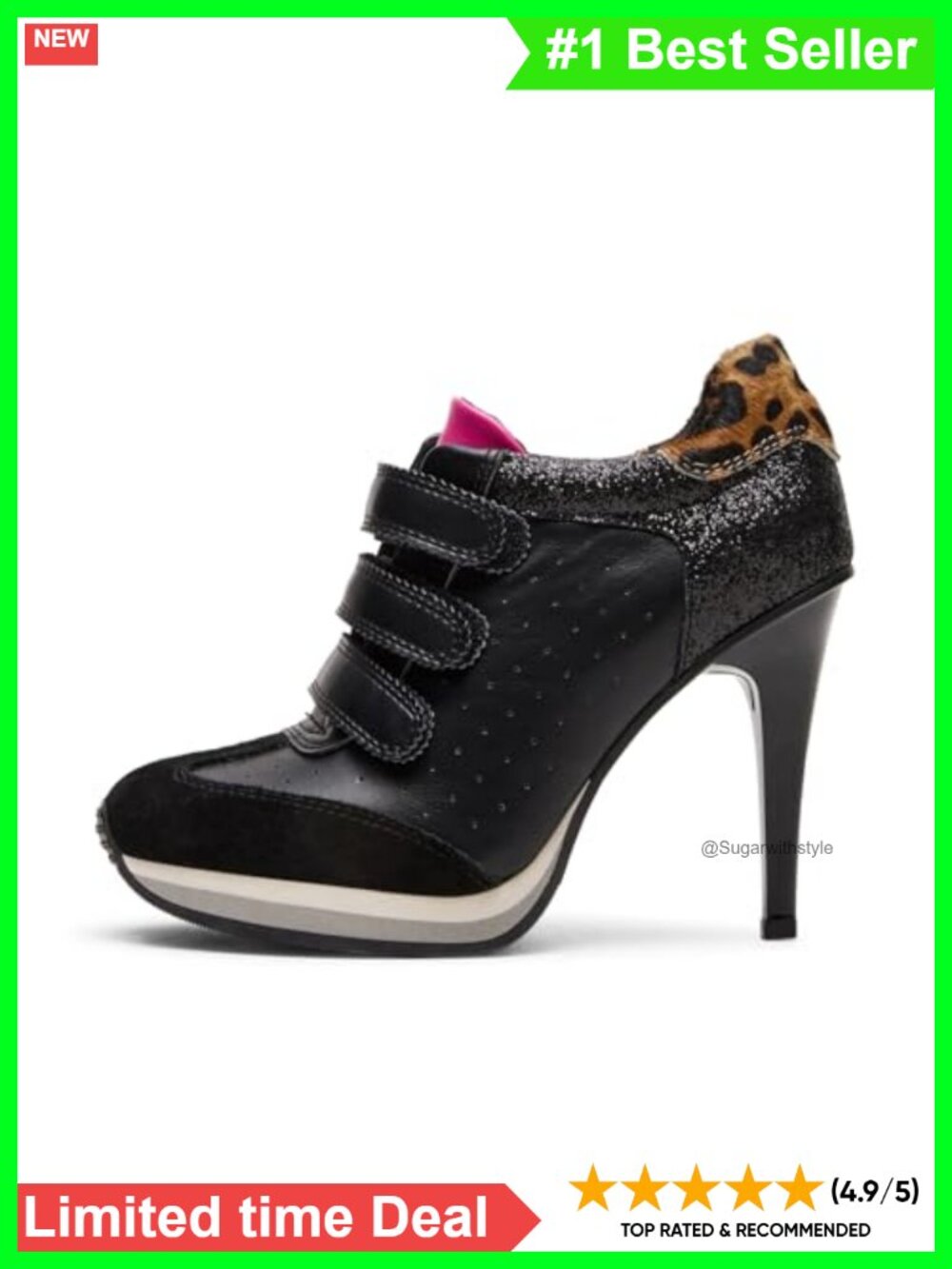 Sneaker Heels Women Suede Stiletto Platform Hook & Loop Round Toe Retro